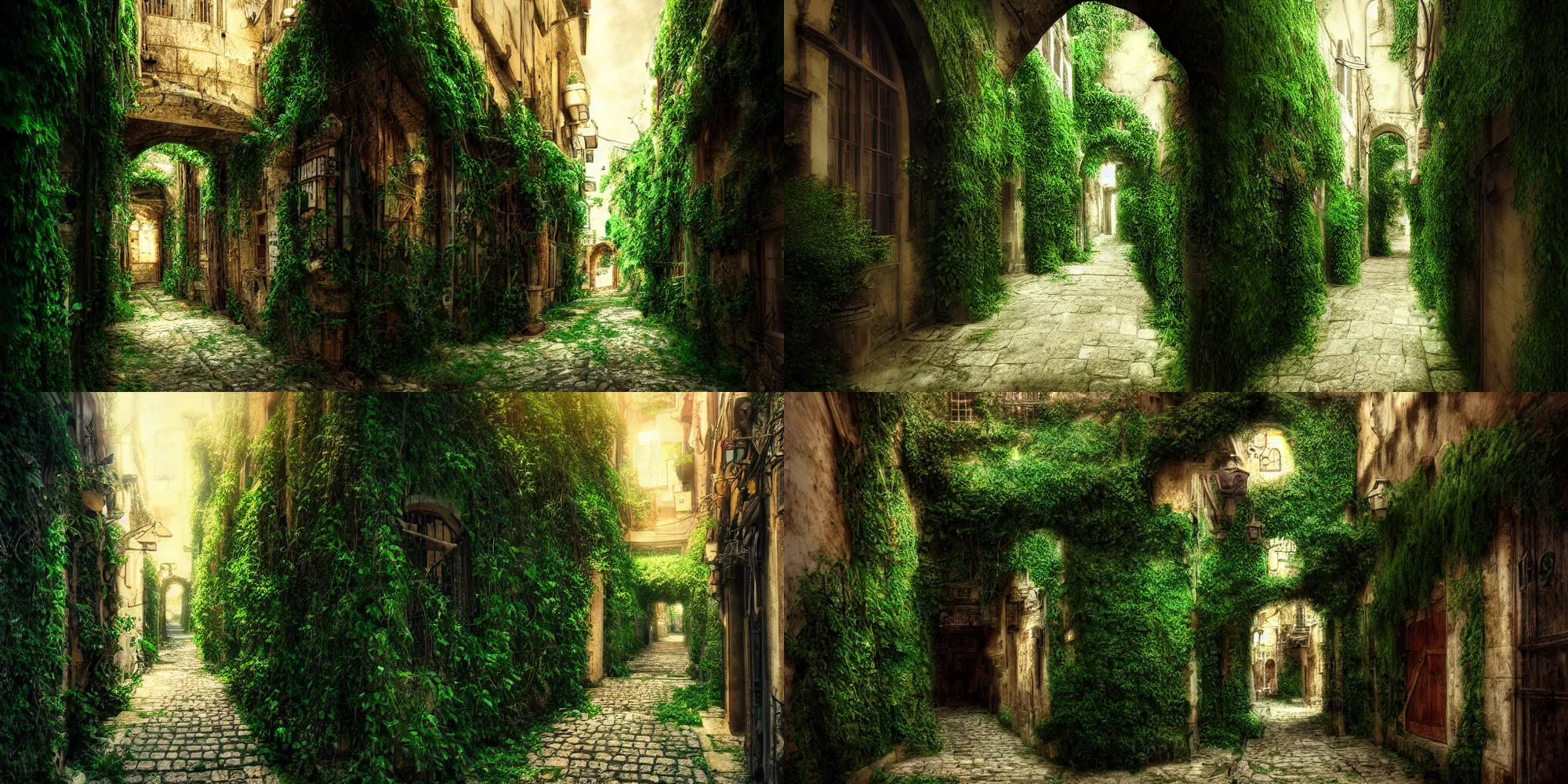 Prompt: concept artwork realistic detailed photography 4 k stylized old jaffa very overgrown green ivy alley contrast shadows artstation