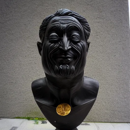 Image similar to perfect statue of beautiful evil face made from black marble with gold, by johannes voss