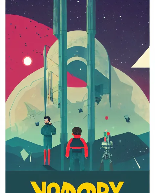 Image similar to no mans sky, dark 2D matte gouache illustration, poster, style of wes anderson