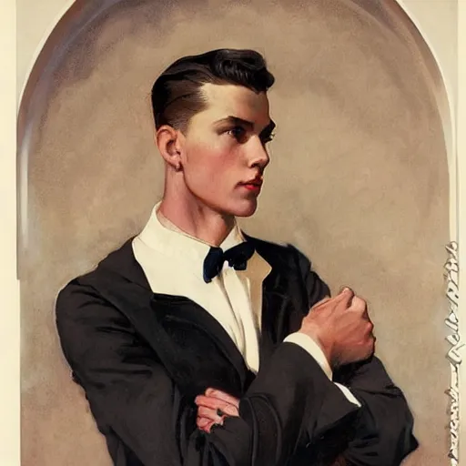 Prompt: a young man unaware of his own beauty, surrounded by covetous eyes and longing silhouettes, J. C. Leyendecker, 1906