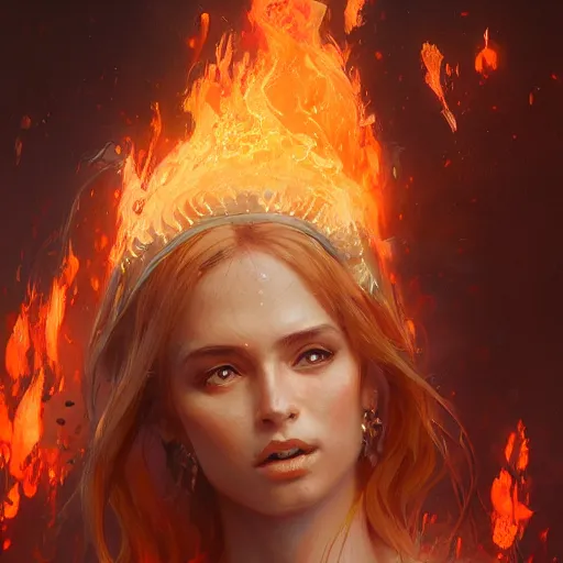 Image similar to a beautiful portrait of a fire goddess, flaming background, a detailed painting by greg rutkowski and raymond swanland, featured on cgsociety, fantasy art, detailed painting, artstation hd, photorealistic