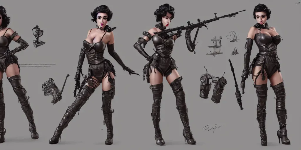 Image similar to liz taylor as an armored pinup girl, character sheet, concept design, contrast, hot toys, kim jung gi, greg rutkowski, zabrocki, karlkka, jayison devadas, trending on artstation, 8 k, ultra wide angle, pincushion lens effect