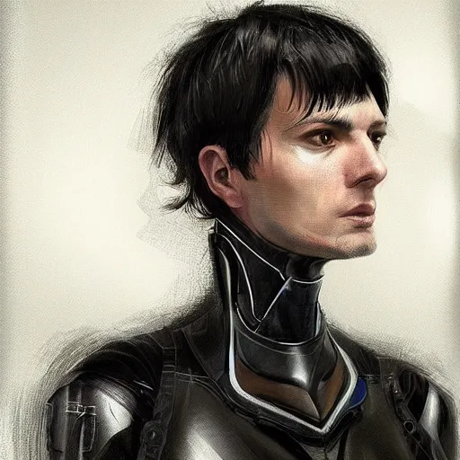 Prompt: concept art by rutkowski, man about 3 0 years old, short black hair with bangs, expression of fear and bewilderment, very tall and slender, he is wearing futuristic space gear, highly detailed portrait, scifi, digital painting, artstation, concept art, smooth, sharp foccus ilustration, artstation hq