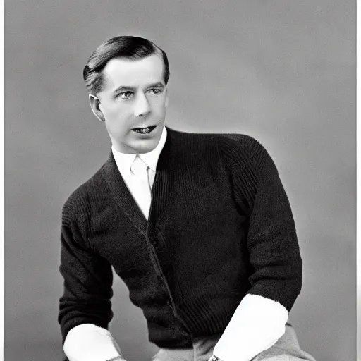 Image similar to a black and white photo of a man in a sweater, a colorized photo by george bogart, tumblr, art deco, handsome, 1 9 2 0 s, studio portrait