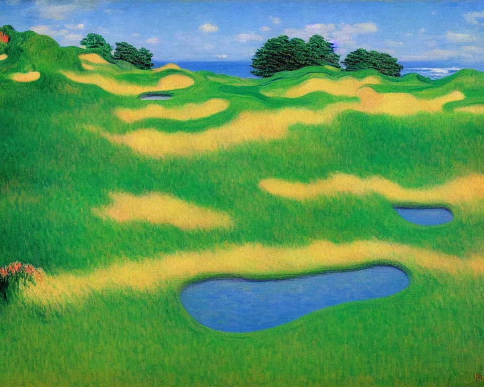 Image similar to achingly beautiful painting of pacific dunes course by rene magritte, monet, and turner.