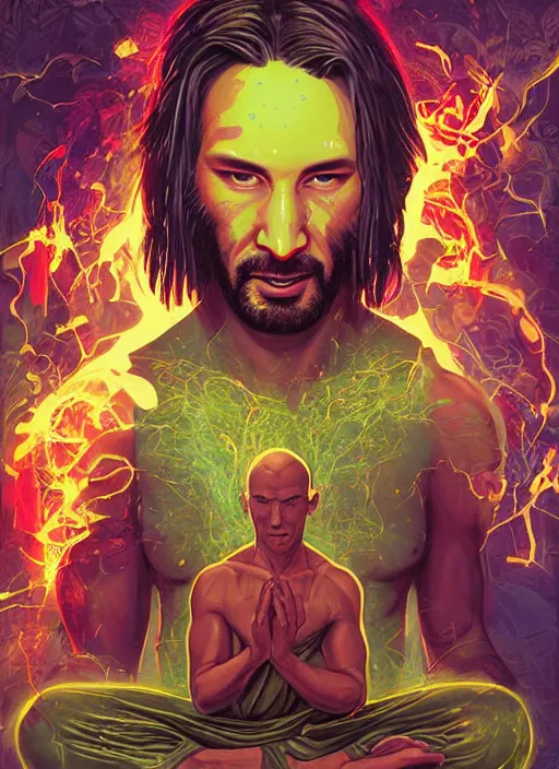 Image similar to a comic book style fantasy portrait painting of Keanu Reaves as a monk meditating in a bright serene lush green temple setting, art by Tristan Eaton, Stanley Artgerm, Tom Bagshaw, Greg Rutkowski, Carne Griffiths