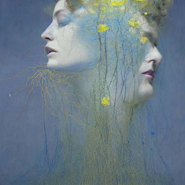 Image similar to A portrait of a woman wearing clothes made out of thunder clouds and flowers, silhouettes of people floating in the air in the background, apocalypse, yellow skin, Masterpiece, glowing, wires everywhere, by Edgar Maxence and Ross Tran, Zdzisław Beksiński, and Michael Whelan, distant, gustav dore, H.R. Giger, 8k, octane render