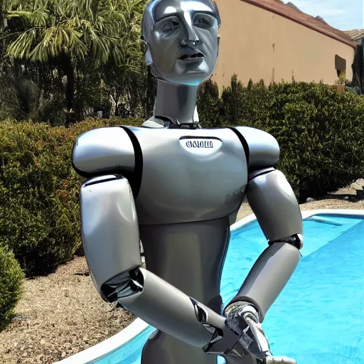 Image similar to a realistic detailed photo of a guy who is an attractive humanoid who is half robot and half humanoid, who is a male android, wrestler bo nickal, shiny skin, posing like a statue, blank stare, by the pool, on display, showing off his muscles, humanoid robot, frozen ice statue