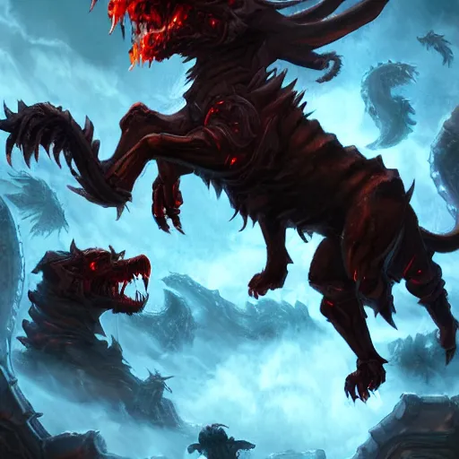 Prompt: hell cerberus, hell background, epic fantasy style, in the style of Greg Rutkowski, hearthstone artwork