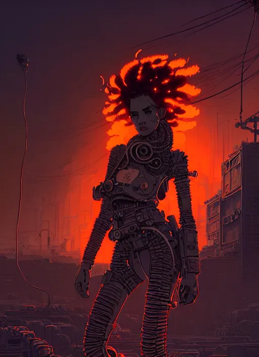 Image similar to highly detailed portrait of wasteland punk long curly fire hair tribal lady, stray wiring by atey ghailan, james gilleard, by joe fenton, by greg rutkowski, by greg tocchini, by kaethe butcher, 4 k resolution, gradient red, orange, black and white color scheme!!! ( ( burning flaming robotic dystopian city background ) )