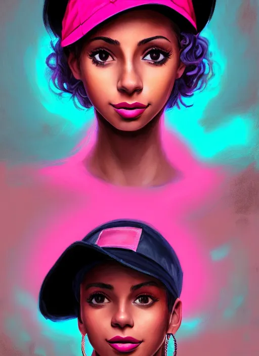 Image similar to portrait of teenage vanessa morgan with bright pink hair, black girl, vanessa morgan, curly pixie cut hair, wearing newsboy cap, newsboy cap, hoop earrings, intricate, elegant, glowing lights, highly detailed, digital painting, artstation, concept art, smooth, sharp focus, illustration, art by wlop, mars ravelo and greg rutkowski