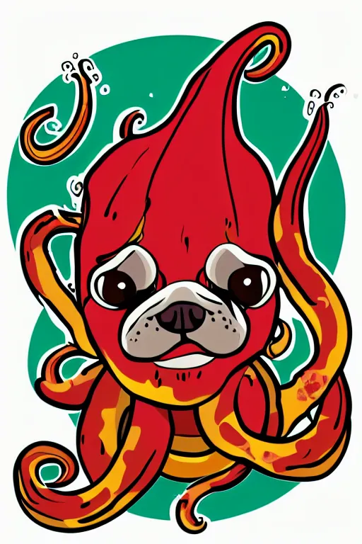 Image similar to Pug with tentacles, the devil, sticker, blood thirsty, spawn of Satan, burning in hell, blood, evil, colorful, illustration, highly detailed, simple, smooth and clean vector curves, no jagged lines, vector art, smooth