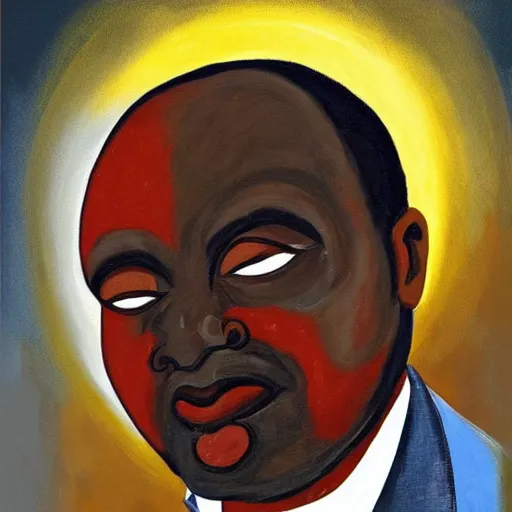 Image similar to a painting of a loving, caring fatherly, wide forehead, aquiline nose, round face, XXL , generous, ever-present, humble, wise elder from Kenya in a elegant silver suit and red tie by Kara Walker . Fatherly/daddy, focused, loving, leader, relaxed. Gold background, heavenly lights, details, smooth, sharp focus, illustration, realistic, cinematic, artstation, award winning, rgb , unreal engine, octane render, cinematic light, macro, depth of field, blur, light and clouds, highly detailed epic cinematic concept art CG render made in Maya, Blender and Photoshop, octane render, excellent composition, dynamic dramatic cinematic lighting, aesthetic, very inspirational, arthouse.