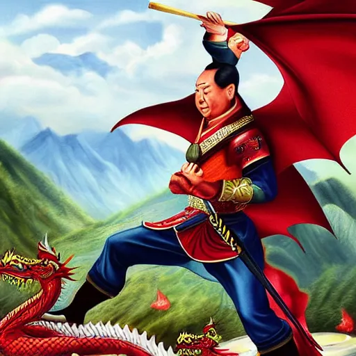 Prompt: Chinese president, battle against dragon, bananas weapon, mountains background, fighting stance, painting