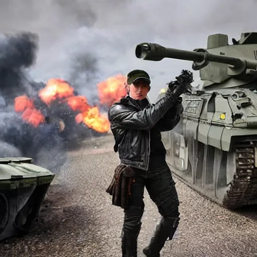 Image similar to Terminator T800 fighting in Ukraine against Russian forces, anime style