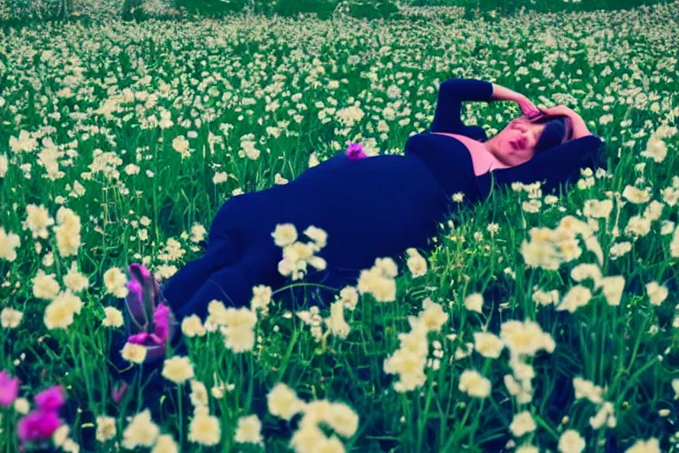 Image similar to close-up flower field with sleeping woman, retrofuturism