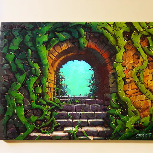 Image similar to colorful marc simonetti impasto!! acrylic painting of the granite gateway of a forgotten civilization. vines and creepers, stone etchings