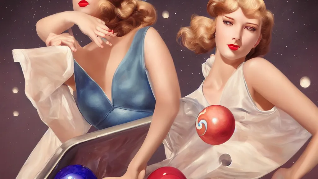 Image similar to art deco bowling alley, cute girl bowling, photo, ultra detail, photoreal, professionally retouched, soft moonlight lighting, shiny plastic miniskirt, realistic, smooth face, goddess, luscious lips, perfect eyes, wide angle, sharp focus on eyes, 8 k high definition, insanely detailed, intricate, elegant, art by artgerm and wlop