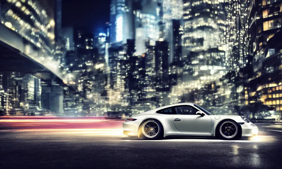 Image similar to photo of a porsche 911 at night drifting through a city, octane render, cinematic, 4k, long exposure photography, tokyo drift, fast and furious, film still, night photography, motion blur, lens flare, movie shot, light trail, distortion, wide angle