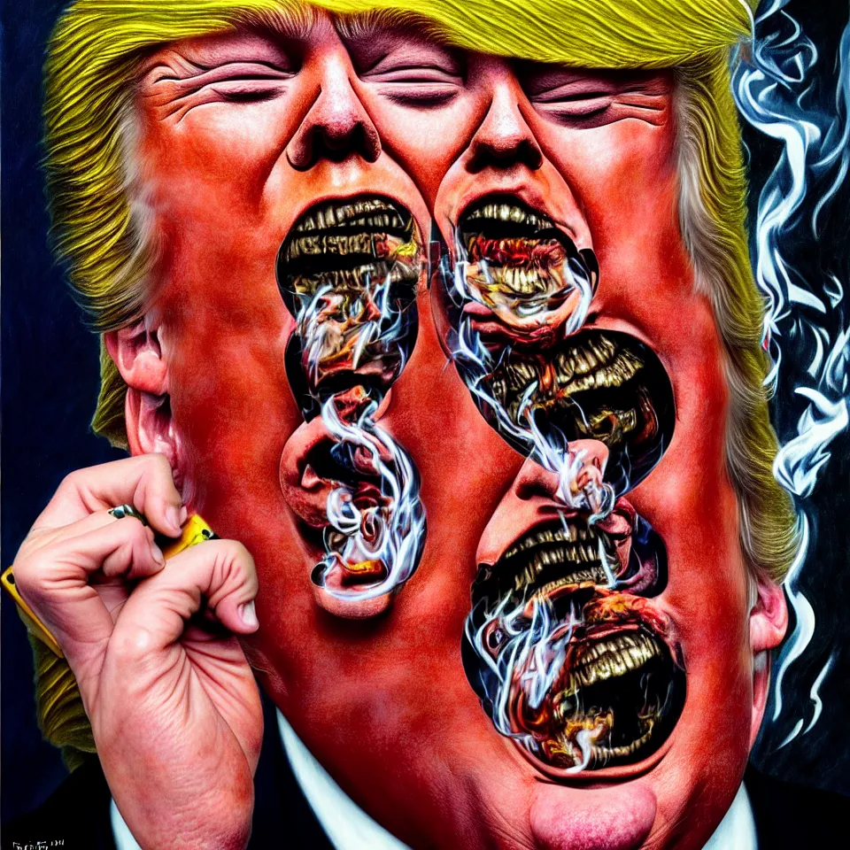 Image similar to weird and disturbing psychedelic donald trump smoking weed, laughing and screaming, ash burned on his face, horrible burns, diffuse lighting, fantasy, intricate, elegant, highly detailed, lifelike, photorealistic, oil painting, illustration, concept art, smooth, sharp focus, art by francis bacon