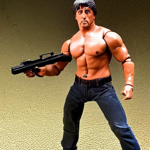 Image similar to 12 inch full body lifelike action figure of Stallone as Rambo. Big muscles. Holding a fully automatic rifle