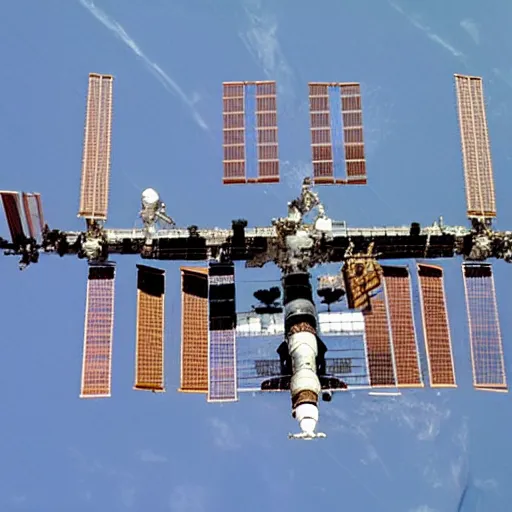 Prompt: close up focus shot of international space station ( iss ) with russian mir and salyut attached, spaceshuttle is ready for docking, apollo saturn v flying by