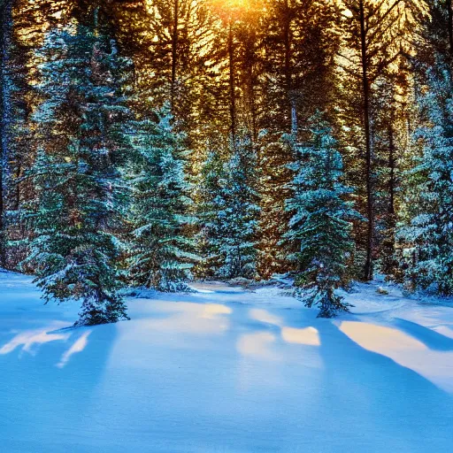 Prompt: snowflake in front of pinetree forrest, realistic, golden hour, hdr lights