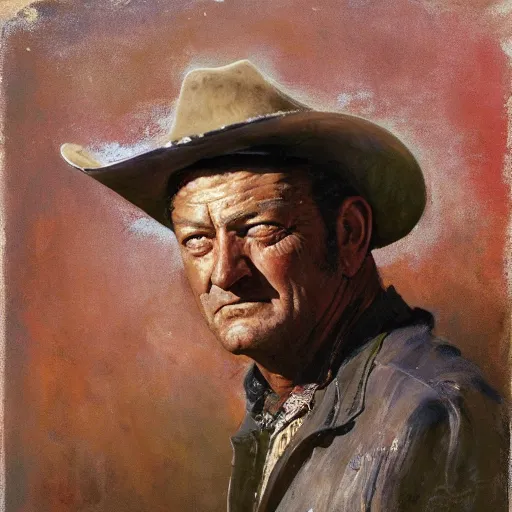 Image similar to Solomon Joseph Solomon and Richard Schmid and Jeremy Lipking victorian genre painting portrait painting of John Wayne a old rugged cowboys gunfighter old west character in fantasy costume, red background