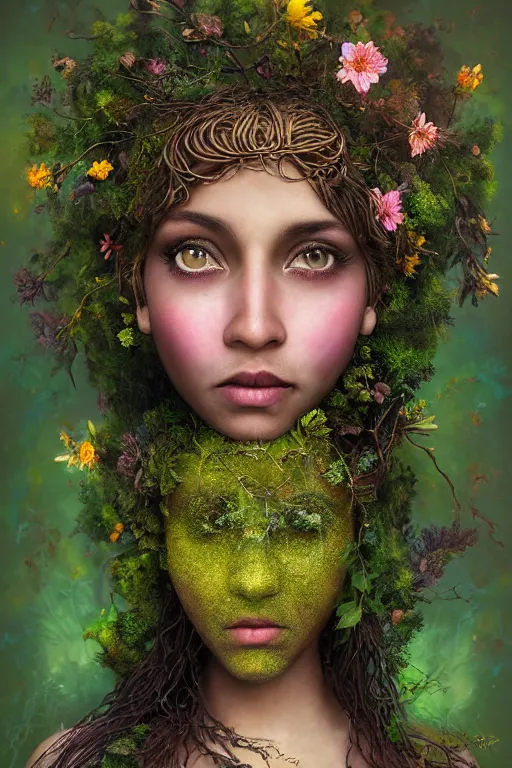 Prompt: portrait of a magical forest dryad, brown skin like soil, flowers on heir cheeks, very big eyes, dressed in a green robe, colorful flowers growing from her head, branches growing as hair, glowing ember eyes, golden sunlight, queen of the forest, extremely detailed, realistic, photo by annie leibovitz, masterpiece, award-winning, mythological, mossy, grass, oil on canvas, soft colors, wide shot, very low angle photograph, simon stålenhag