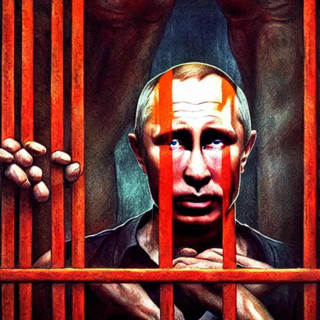 Prompt: shocked crying putin in prison cage, prison, justice, hyper - realistic, sharp focus, depth of field, hyper - detailed visionary art, symmetric, hell, holy halo, dramatic ambient lighting, high detail, vibrant colors, the thing 1 9 8 2