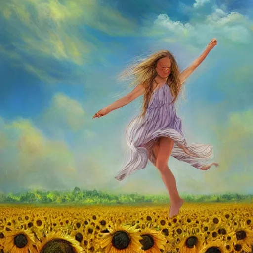 Prompt: a dreamy vision of girl slowly flying over amazing tall sunflower field, hair flowing, fog, early morning lightning, subtle, intricate details, real masterpiece, oil on canvas, by somsak anong