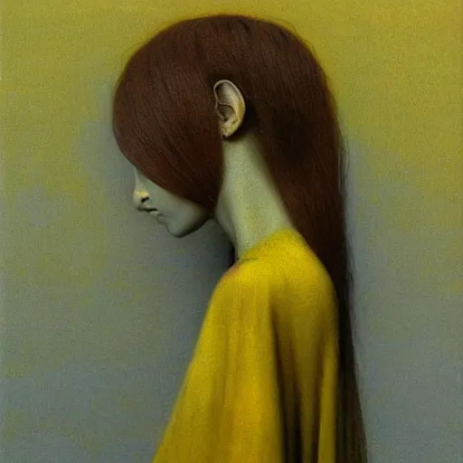 Prompt: young female in yellow dress painting by Beksinski