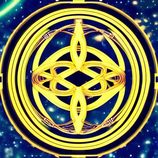 Prompt: HD, logo of the intergalactic civilization of Utopia, 3 intricate interlinked golden rings in the style of techno-utopian artist