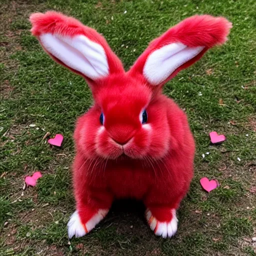 Image similar to an adorable crimson bunny creature with heart patters on its fur