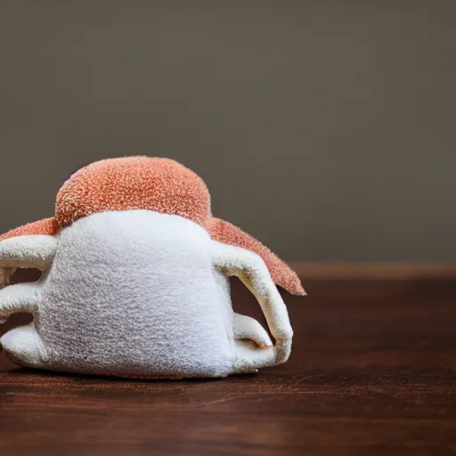 Prompt: a very soft stuffed animal in the shape of a crab, product photography