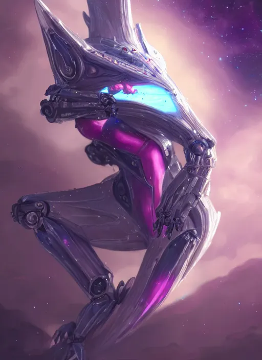 Prompt: cinematic shot, cosmic sized perfectly proportioned stunning beautiful hot anthropomorphic robot female mecha dragon, female dragon head, silver, fuschia flesh, floating in empty space, nebula sized, larger than galaxies, holding a tiny galaxy, epic proportions, epic size, epic scale, furry art, dragon art, giantess art, warframe fanart, furaffinity, deviantart