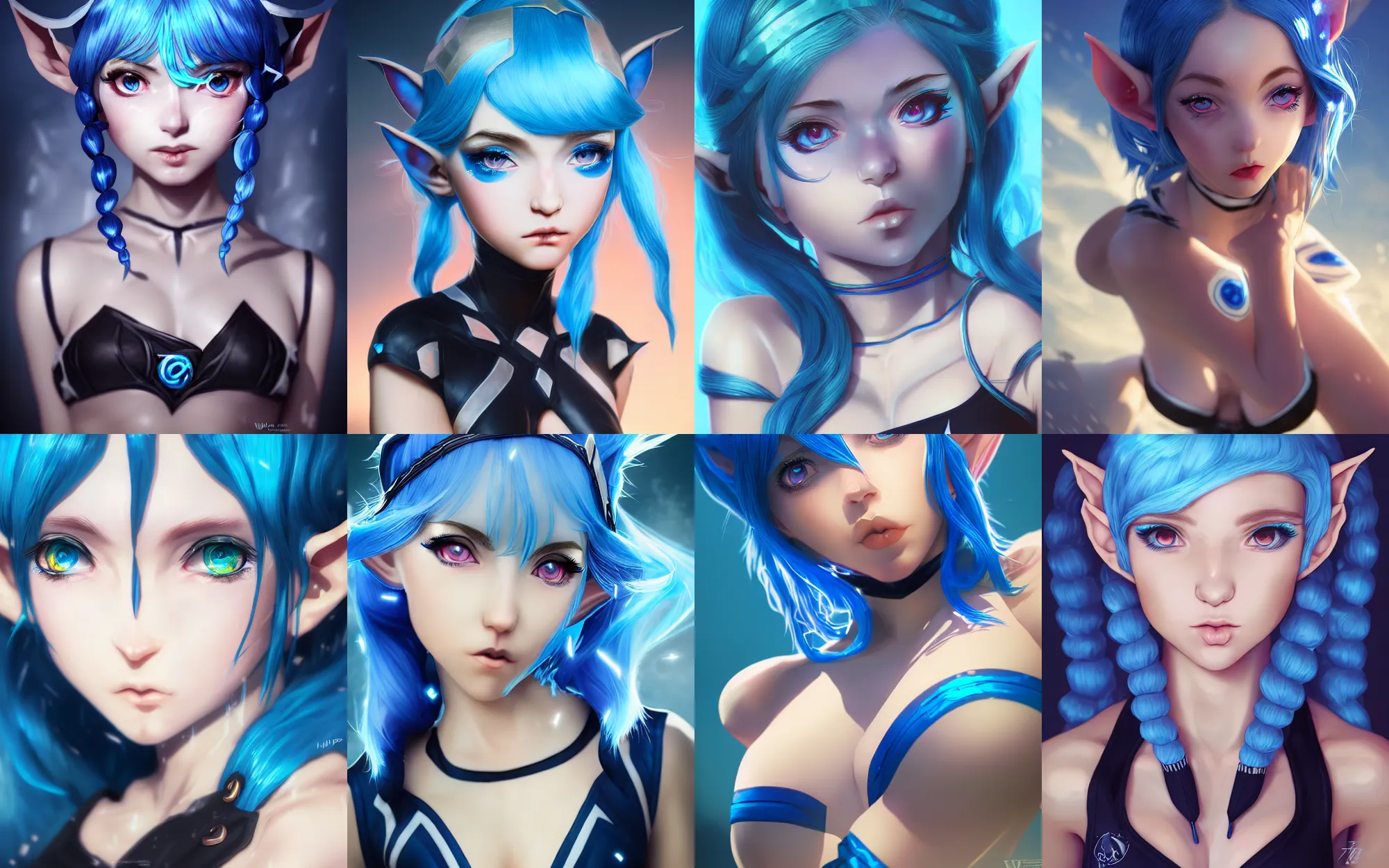 Prompt: league of legends portrait of a blue haired elf girl with twin tails with white freckles wearing a metal black maillot by wlop and kuvshinov, digital art, cinematic lighting, symmetric, light rays