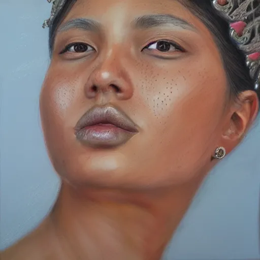 Image similar to Intricate five star Beautiful Royal Queen facial portrait by Monica Lee, Colored pencil on paper, high detail, skin texture, photo realistic, hyperrealism,matte finish, high contrast, 3d depth, masterpiece, vivid colors, artstationhd