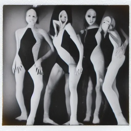 Prompt: polaroid of dancers in geometric costumes, smudge, lo fi, mix, texture