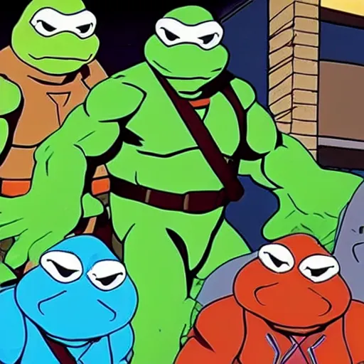 Prompt: screenshot from the missing episode of the 90s tv show sliders where the sliders met up with the teenage mutant ninja turtles, and are about to slide through a vortex