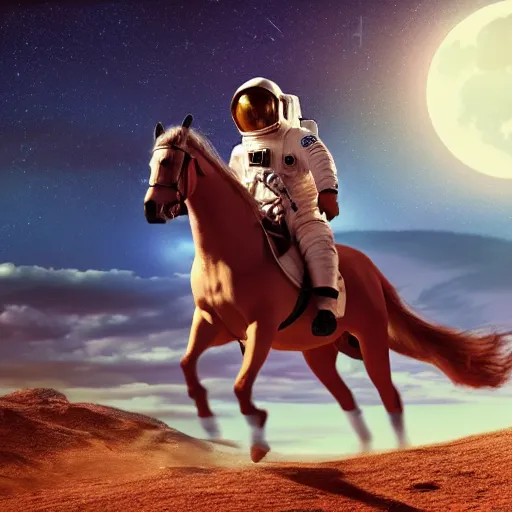Prompt: an astronaut riding a horse uhd 8 k, artstation, hd, hdr, shuttershock, dramatic lighting, beautiful landscape, moon in the background, incredibly detailed