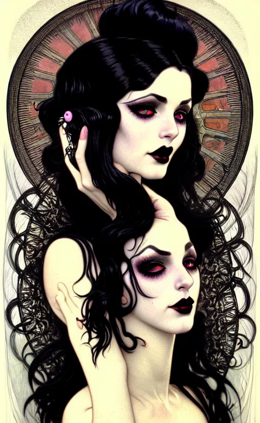 Image similar to with goth girl lips, eyes, jaw and long, thick shining black hair, thick eyebrows and long eyelashes, wearing in black clothes, beautiful eyes, burlesque psychobilly, rockabilly, punk, white background, drawing, illustration by fantasy art, in the style of greg rutkowski, intricate, alphonse mucha, hyper detailed, smooth