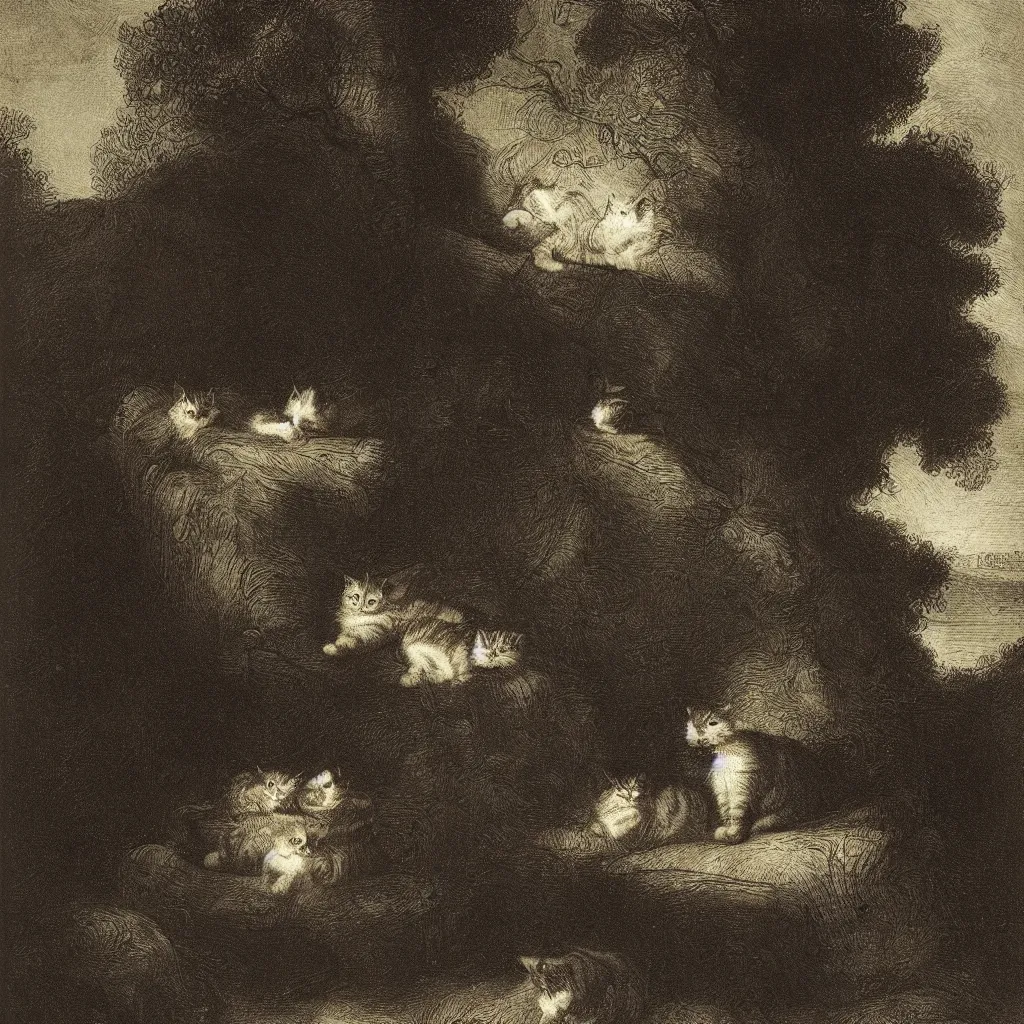 Prompt: the night after the watch by rembrandt van rijn, cats, trees