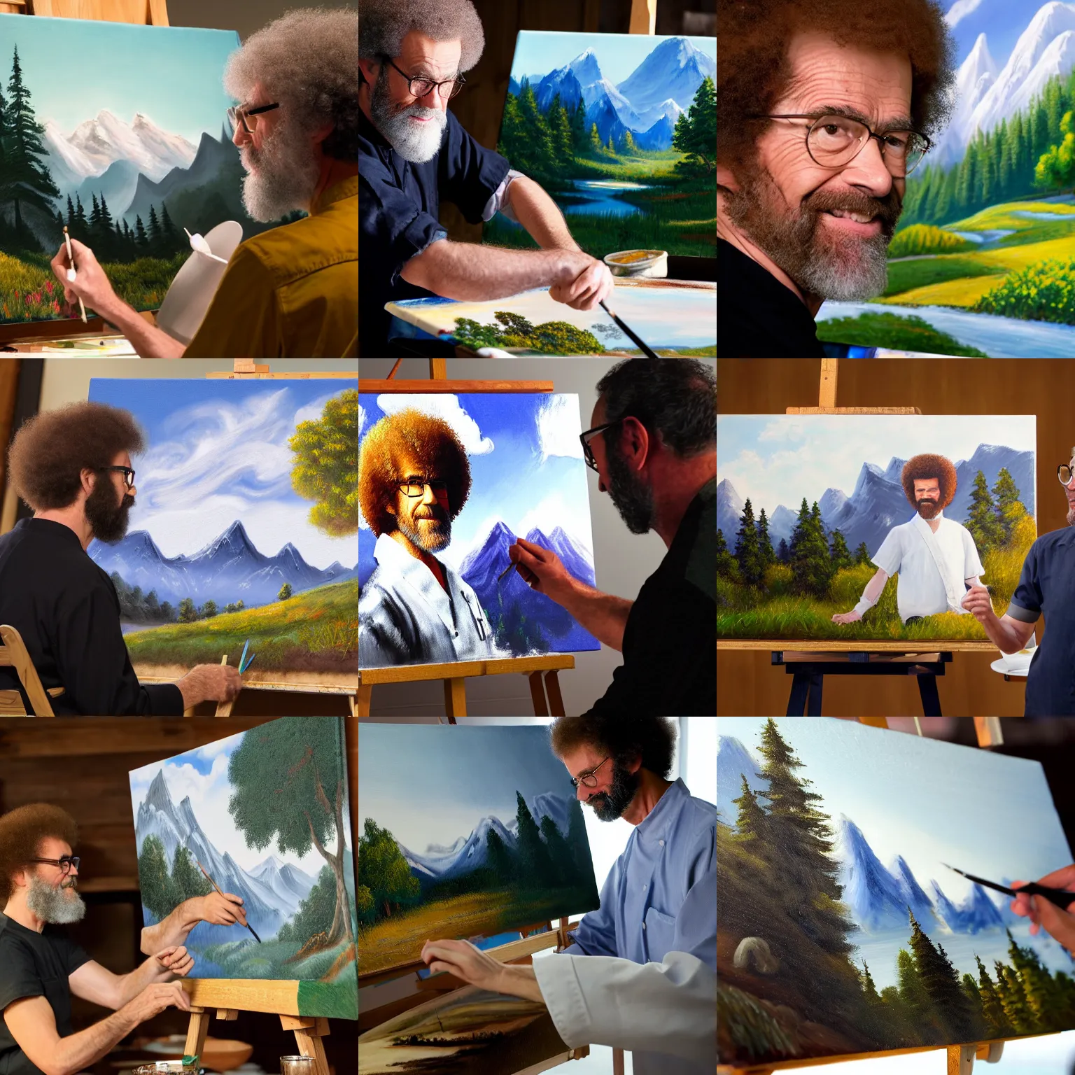 Prompt: a closeup photorealistic photograph of bob ross working on a canvas painting of chef massimo bottura. film still. brightly lit scene. mountains and trees. this 4 k hd image is trending on artstation, featured on behance, well - rendered, extra crisp, features intricate detail, epic composition and the style of unreal engine.