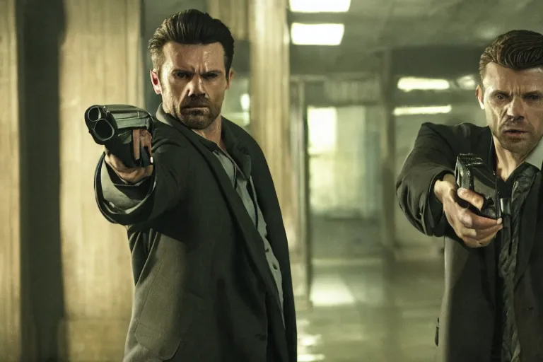 Image similar to film still of James McCaffrey as Max Payne in the Max Payne movie, 4k