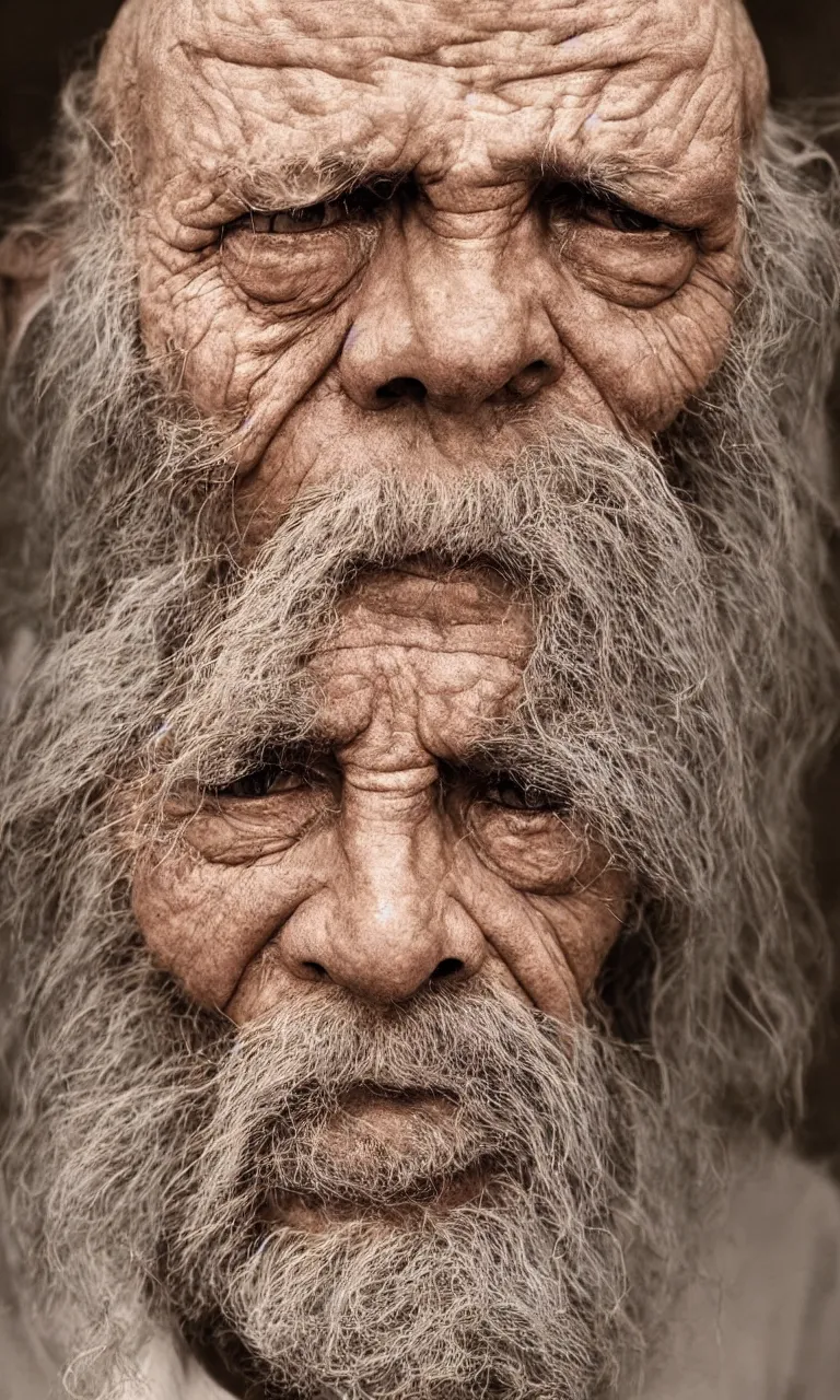 Image similar to an ancient man, extreme wrinkles, time weighs heavily, old beyond his years