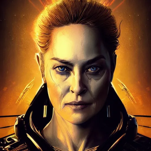 Prompt: sharon stone portrait, dystopia core, apocalyptic, armor, warrior, dramatic, sharp focus, fiction, neon, fantasy, hyper detailed, digital art, trending in artstation, cinematic lighting, studio quality, smooth render, unreal engine 5 rendered, octane rendered, art style and nixeu and wlop and krenz cushart