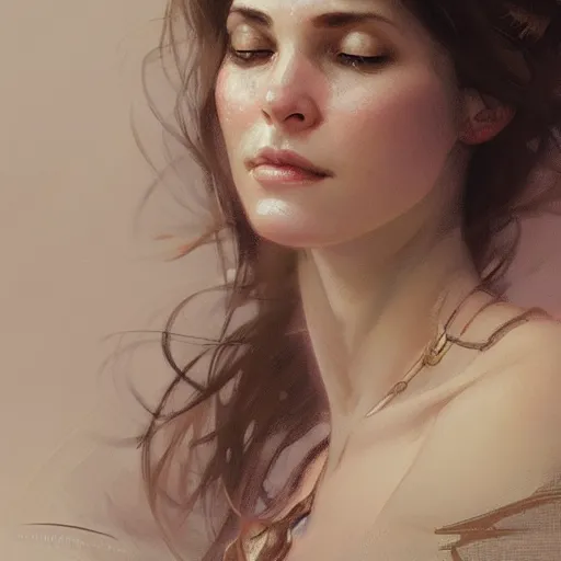 Image similar to A pregnant woman with closed eyes smiling, very detailed face, gorgeous, beautiful, intricate, highly detailed, digital painting, artstation, concept art, sharp focus, illustration, art by greg rutkowski and alphonse mucha