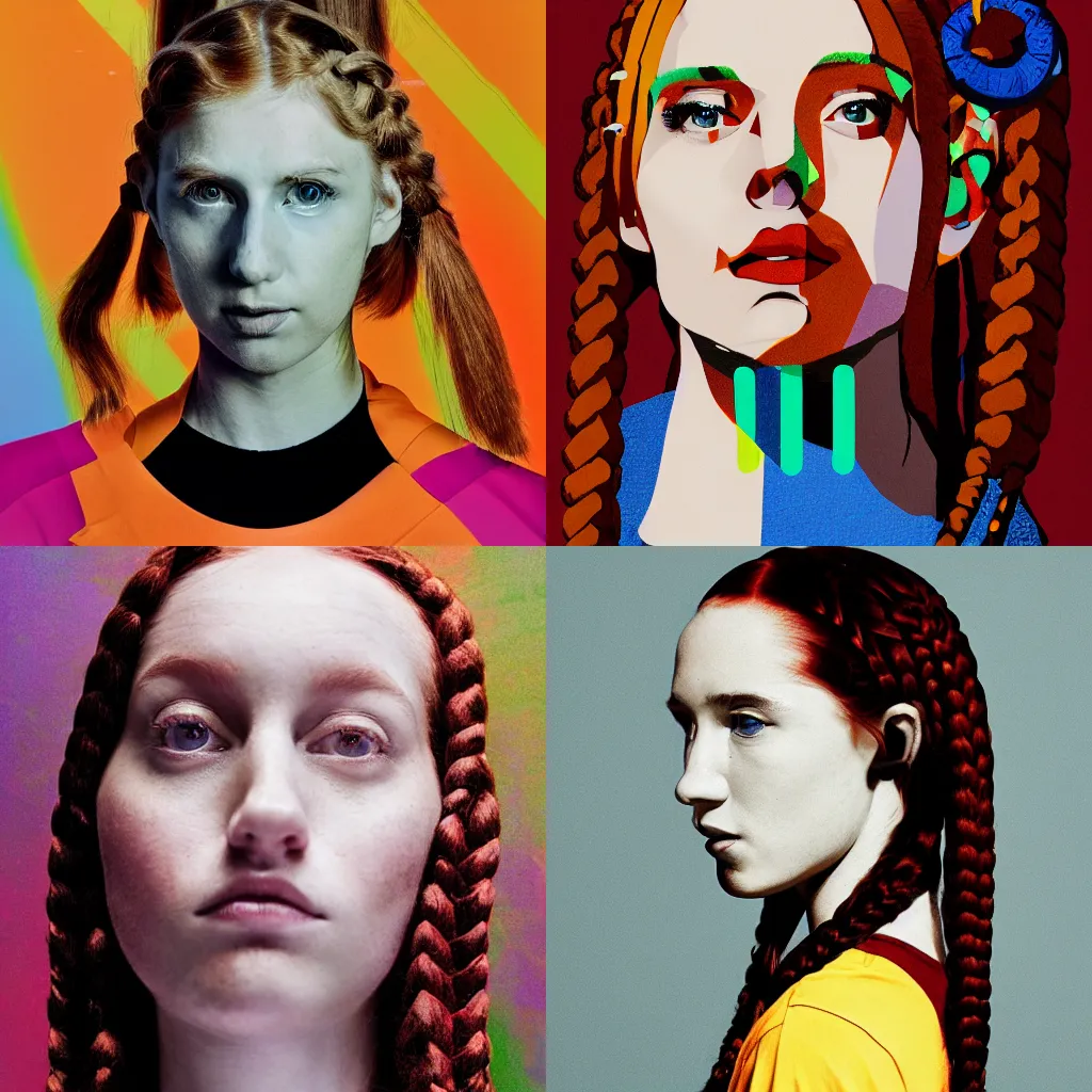 Prompt: beautiful portrait of redhead woman with pigtail braids wearing streetwear by chip Zdarsky and László Moholy-Nagy, hdr, colorful