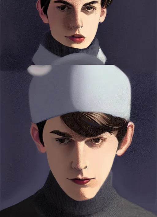 Image similar to portrait of teenage jughead jones wearing a light grey crown, crown, blue turtleneck, 1 9 5 0 s, closed eyes, photorealistic, black hair, glowing lighting, intricate, elegant, glowing lights, highly detailed, digital painting, artstation, concept art, smooth, sharp focus, illustration, art by wlop, mars ravelo and greg rutkowski